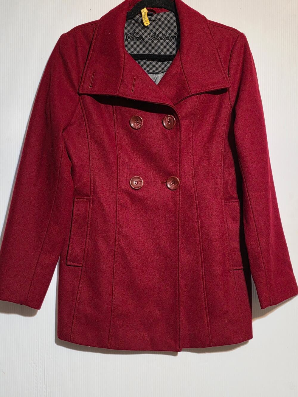 Steve Madden Red Wool Blend Pea Coat Size M Double Breasted Stand Collar Jacket